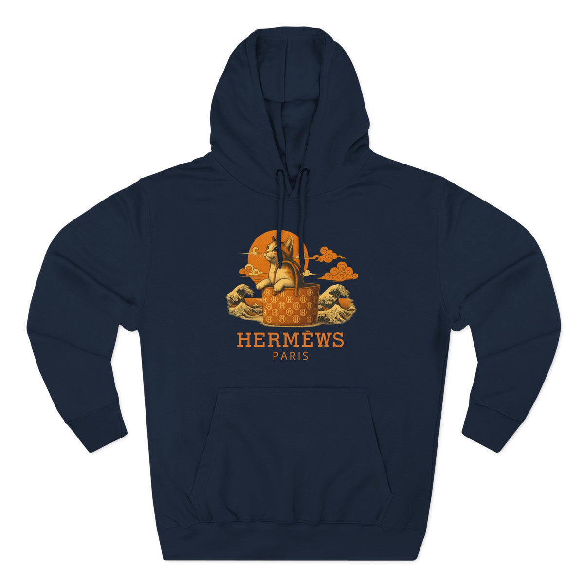 Hermèws Paris Sunset Voyage Cat Graphic Hoodie in navy, front view