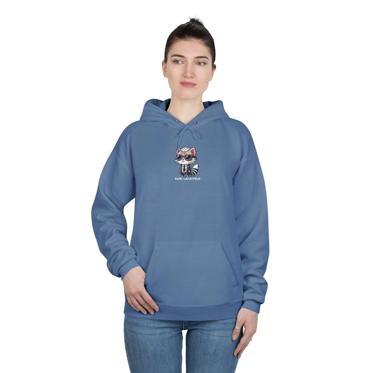 Karl Lacatfeld Chest Icon Cat Graphic Hoodie in denim blue, worn by a female model