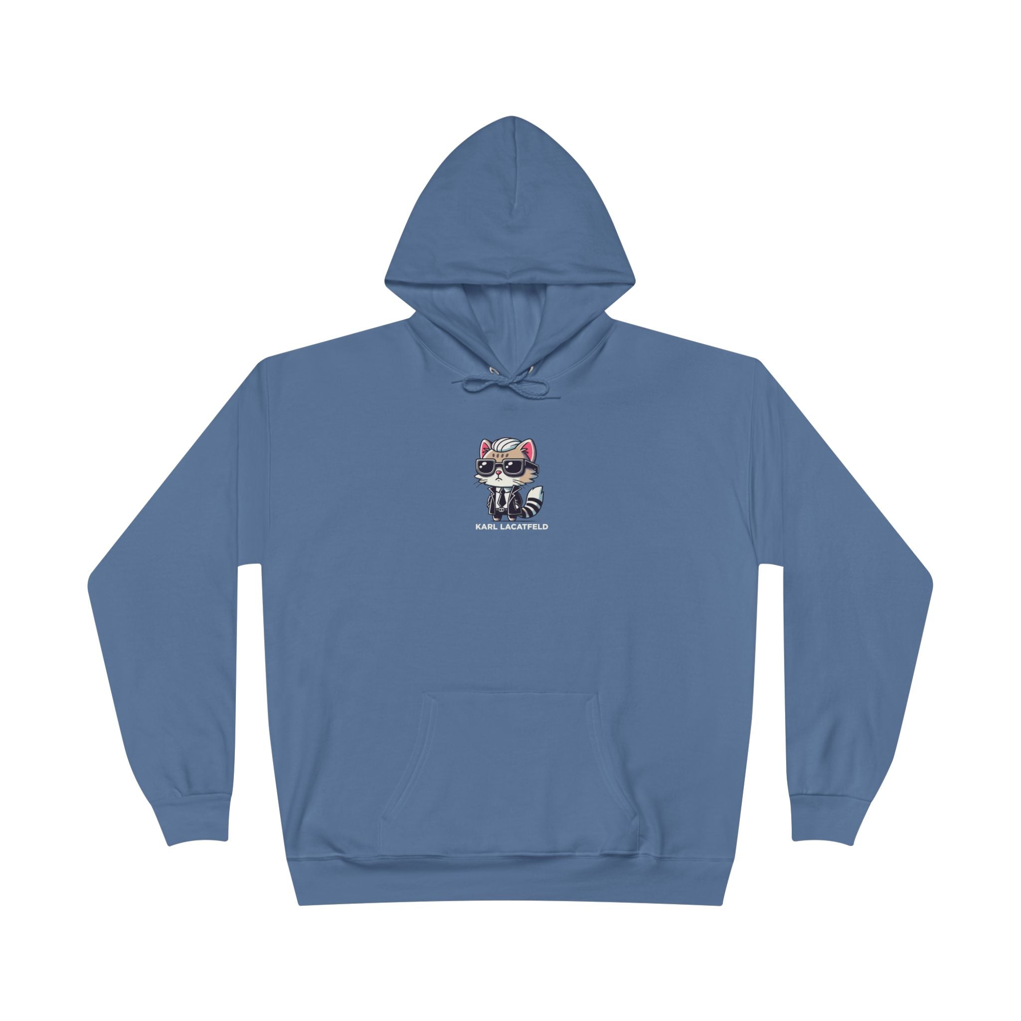 Karl Lacatfeld Chest Icon Cat Graphic Hoodie in denim blue, front view