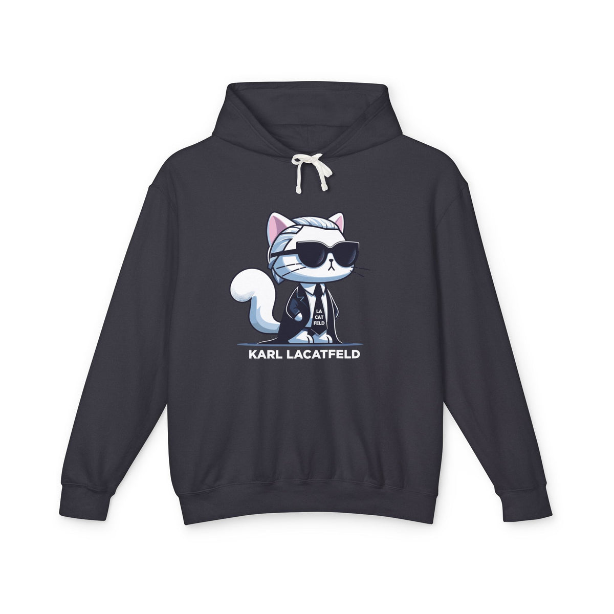 Karl Lacatfeld Executive Meow Icon Cat Graphic Hoodie in black, front view