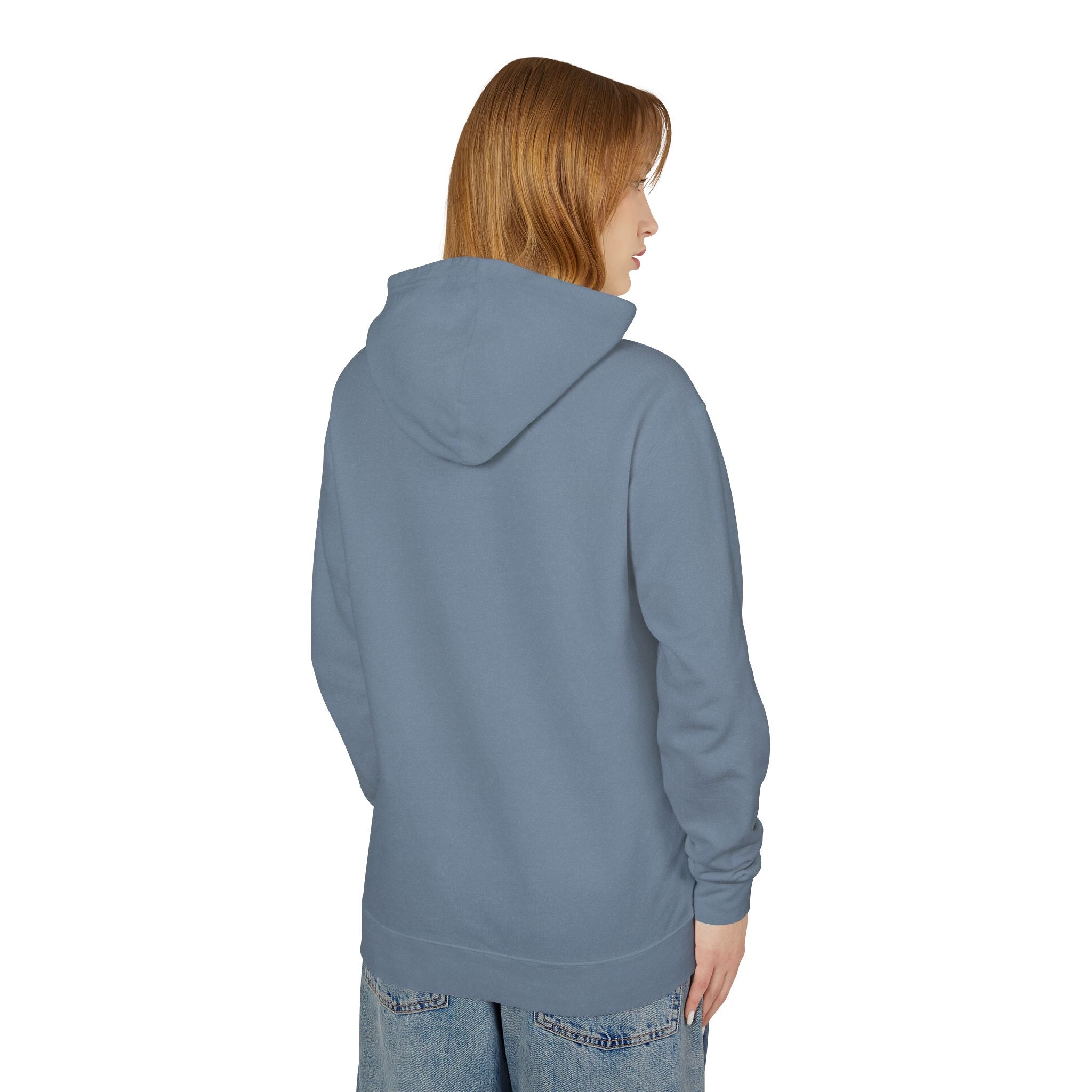 Karl Lacatfeld Executive Meow Icon Cat Graphic Hoodie in blue jean, back view on a female model