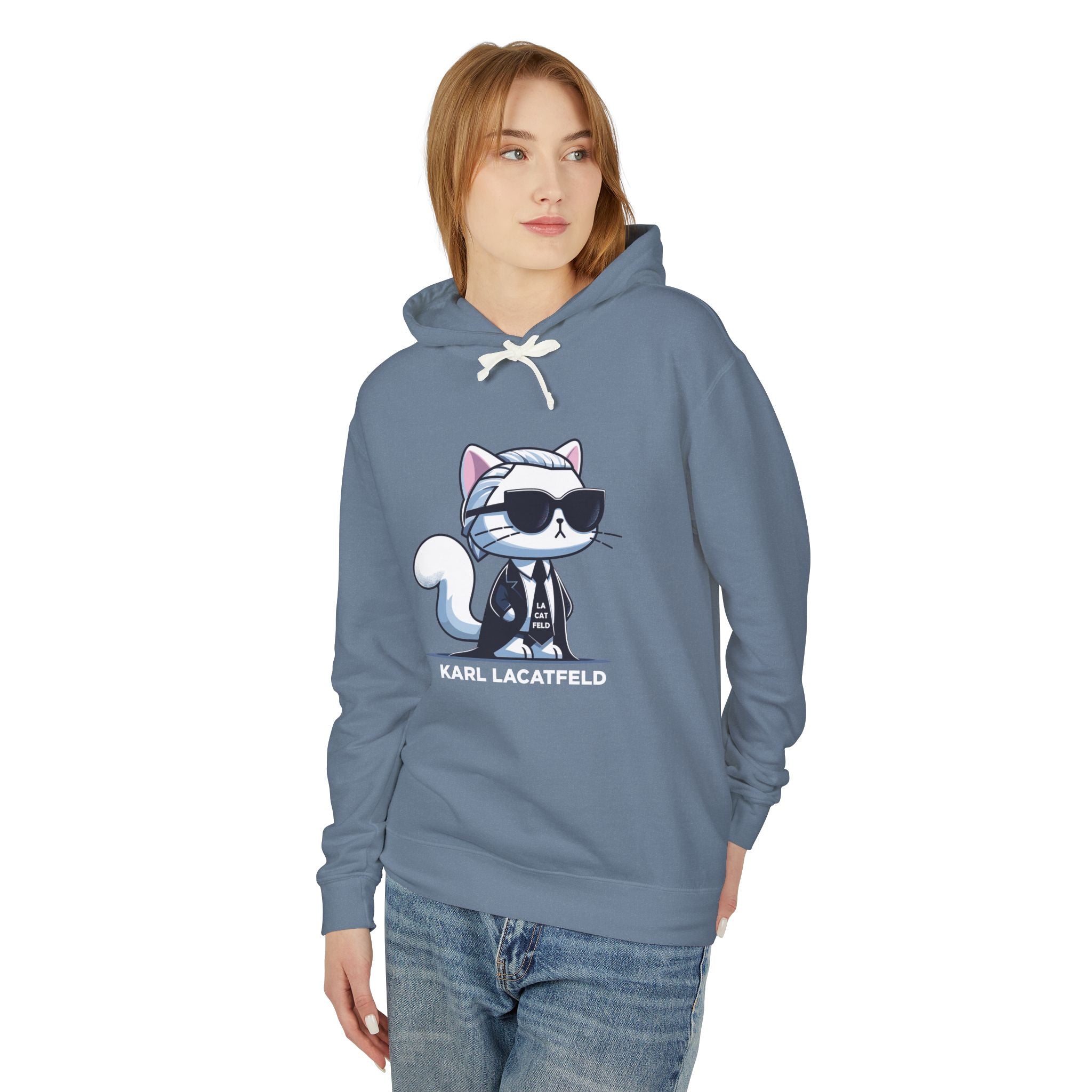 Karl Lacatfeld Executive Meow Icon Cat Graphic Hoodie in blue jean, worn by a female model