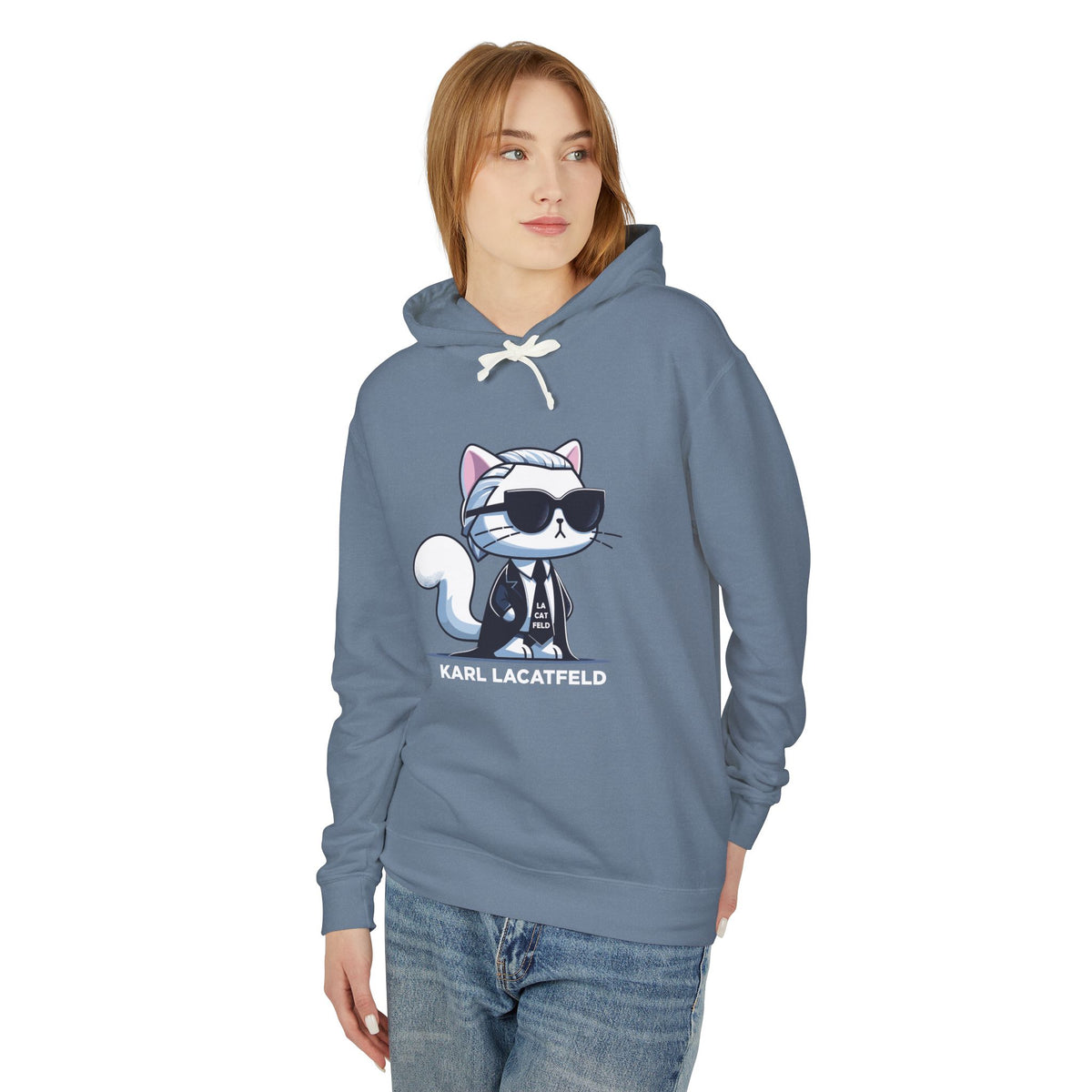 Karl Lacatfeld Executive Meow Icon Cat Graphic Hoodie in blue jean, worn by a female model