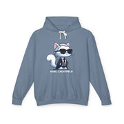 Karl Lacatfeld Executive Meow Icon Cat Graphic Hoodie in blue jean, front view