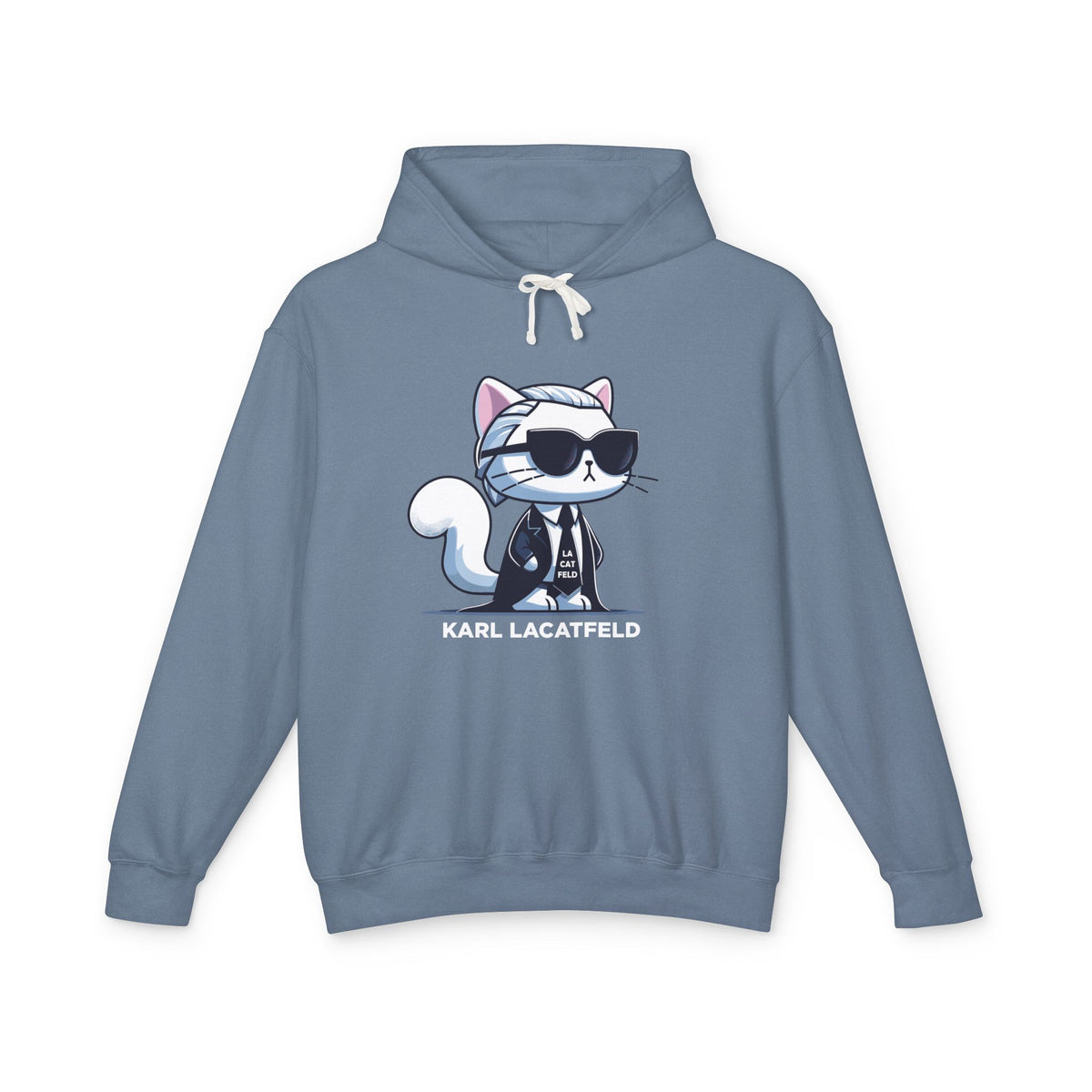 Karl Lacatfeld Executive Meow Icon Cat Graphic Hoodie in blue jean, front view