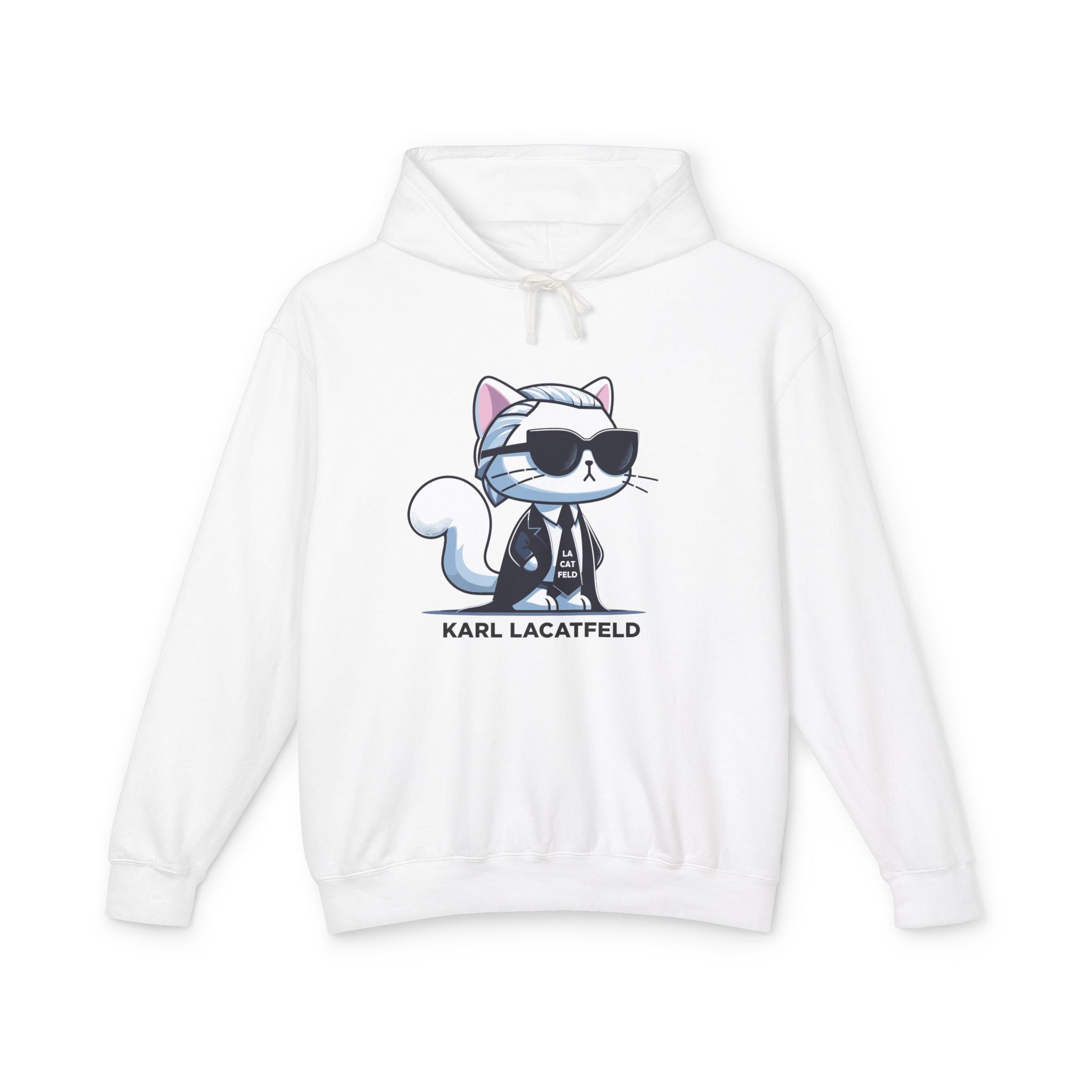 Karl Lacatfeld Executive Meow Icon Cat Graphic Hoodie in white, front view