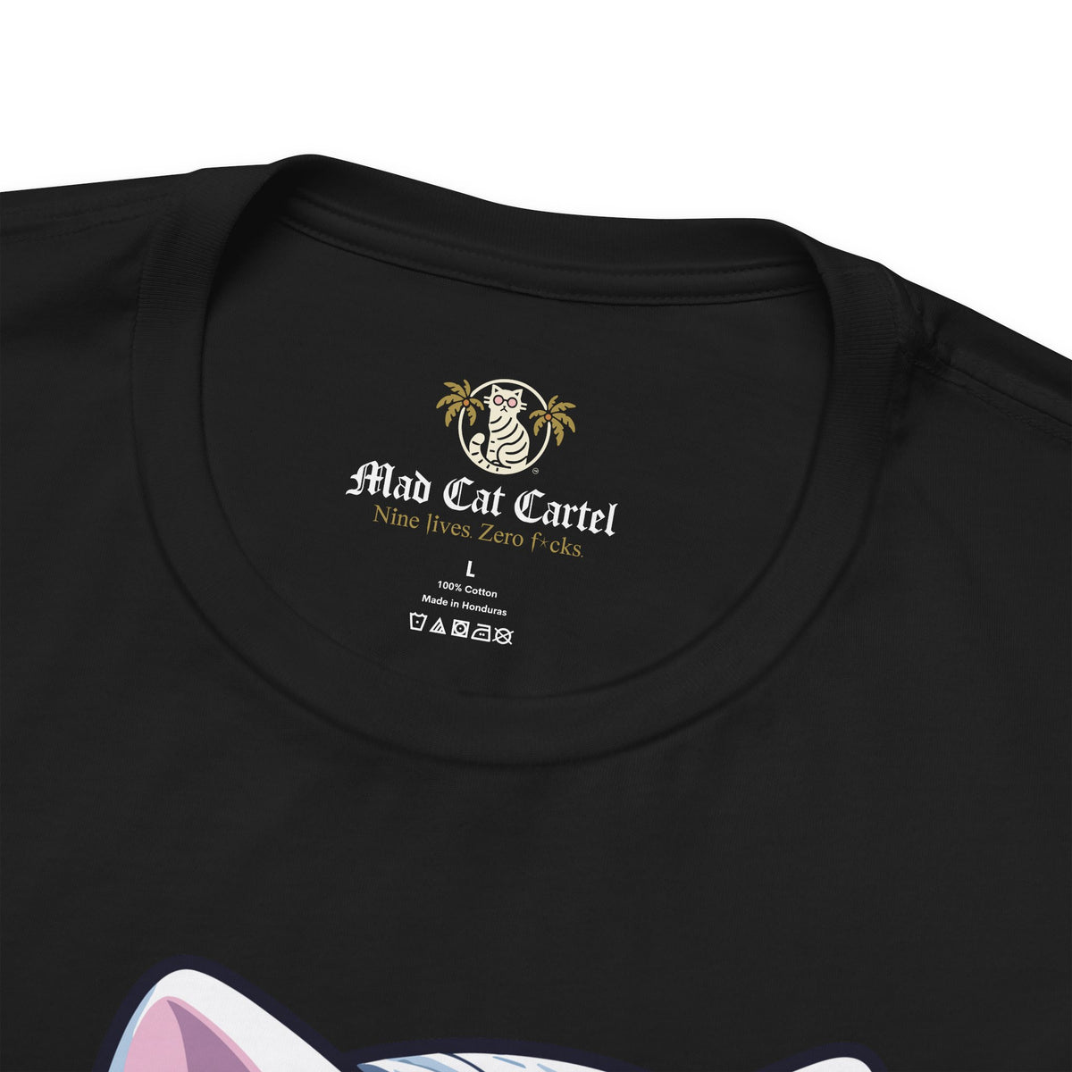 Karl Lacatfeld Executive Meow Icon Cute Cat Graphic T-Shirt in black, close-up detail