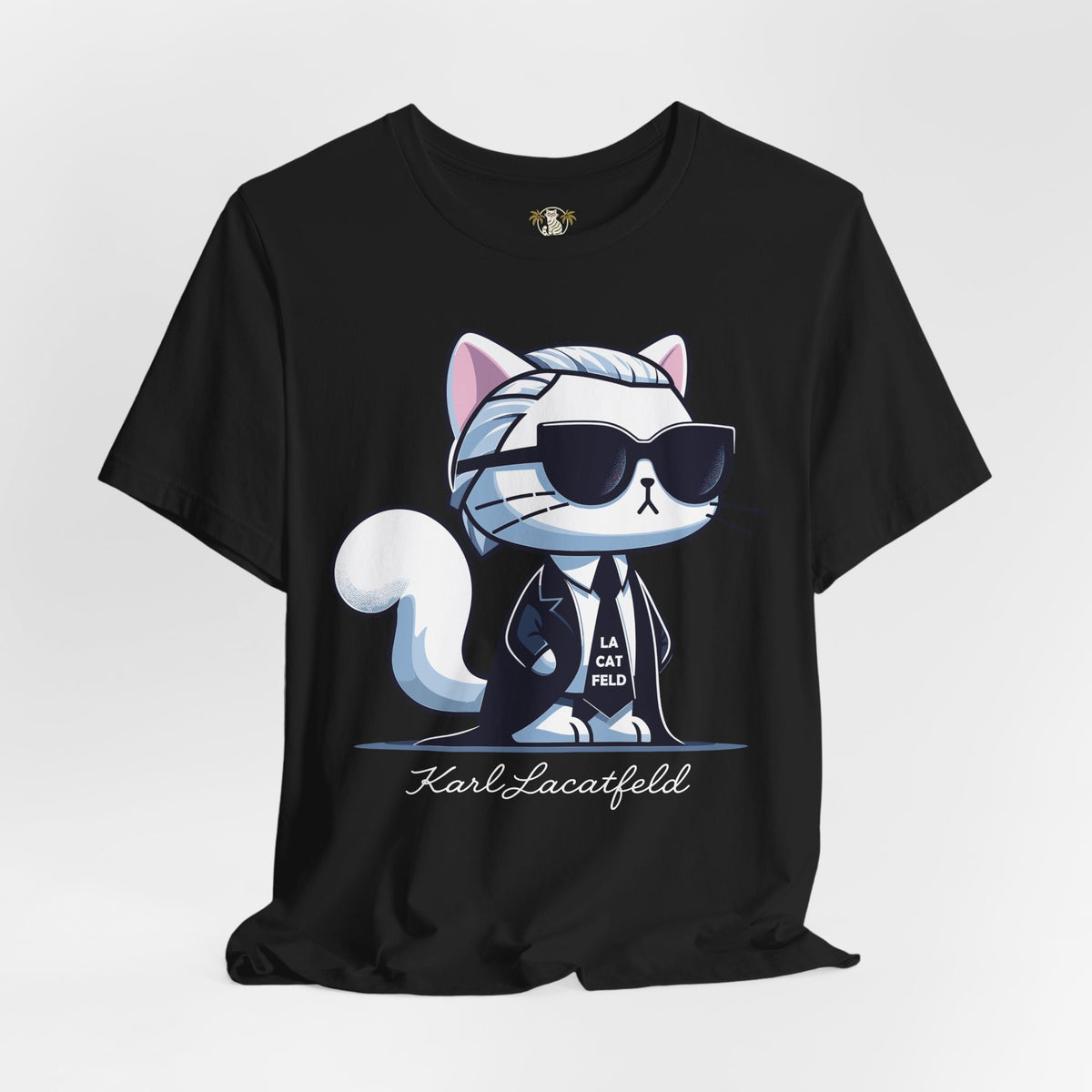 Karl Lacatfeld Executive Meow Icon Cute Cat Graphic T-Shirt in black, flat lay