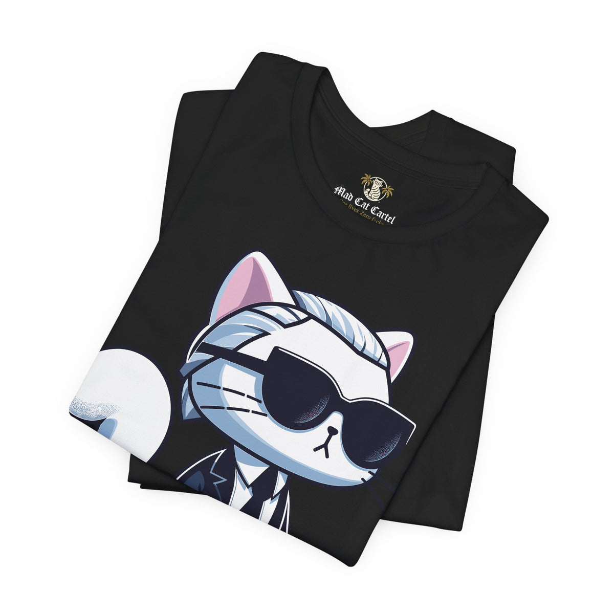Karl Lacatfeld Executive Meow Icon Cute Cat Graphic T-Shirt in black, folded