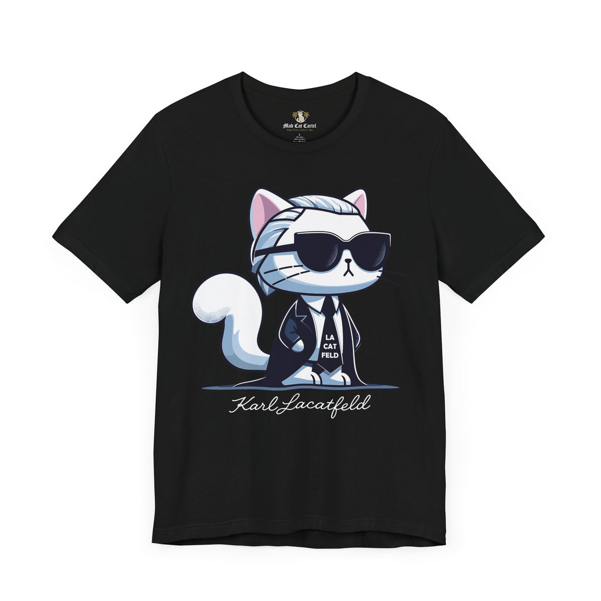 Karl Lacatfeld Executive Meow Icon Cute Cat Graphic T-Shirt in black, front view