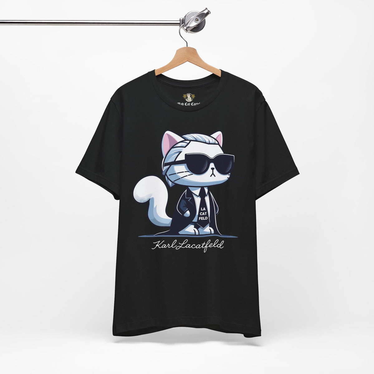 Karl Lacatfeld Executive Meow Icon Cute Cat Graphic T-Shirt in black, on a hanger
