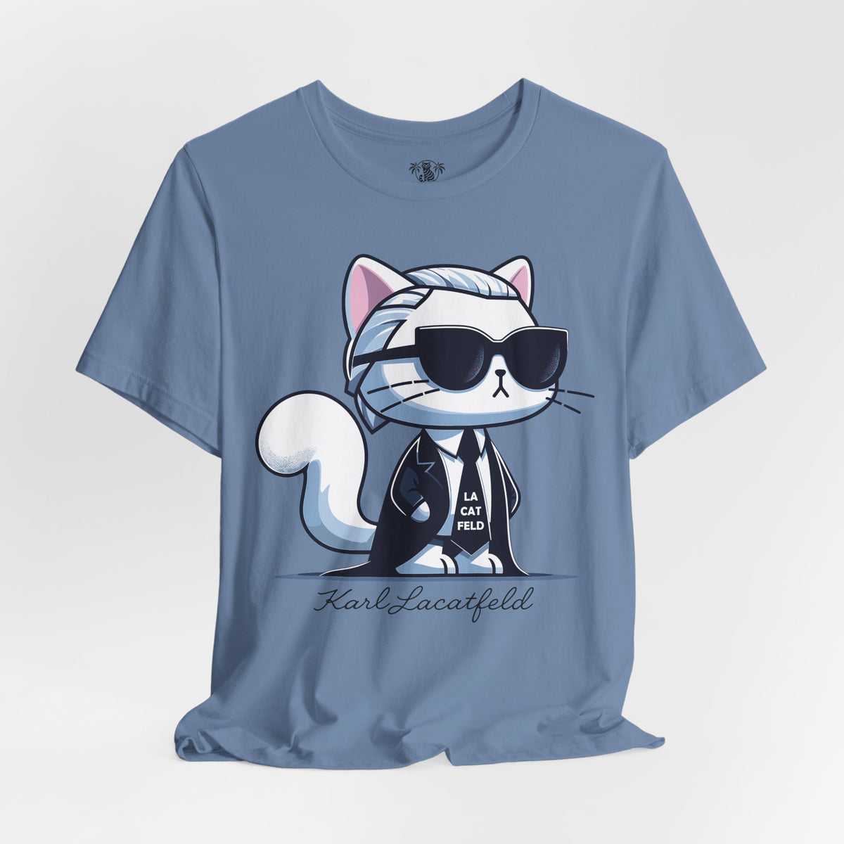 Karl Lacatfeld Executive Meow Icon Cute Cat Graphic T-Shirt in steel blue, flat lay