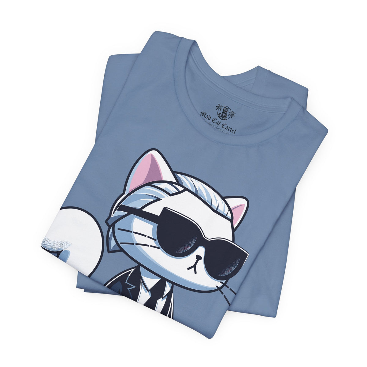 Karl Lacatfeld Executive Meow Icon Cute Cat Graphic T-Shirt in steel blue, folded