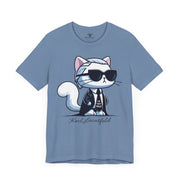Karl Lacatfeld Executive Meow Icon Cute Cat Graphic T-Shirt in steel blue, front view
