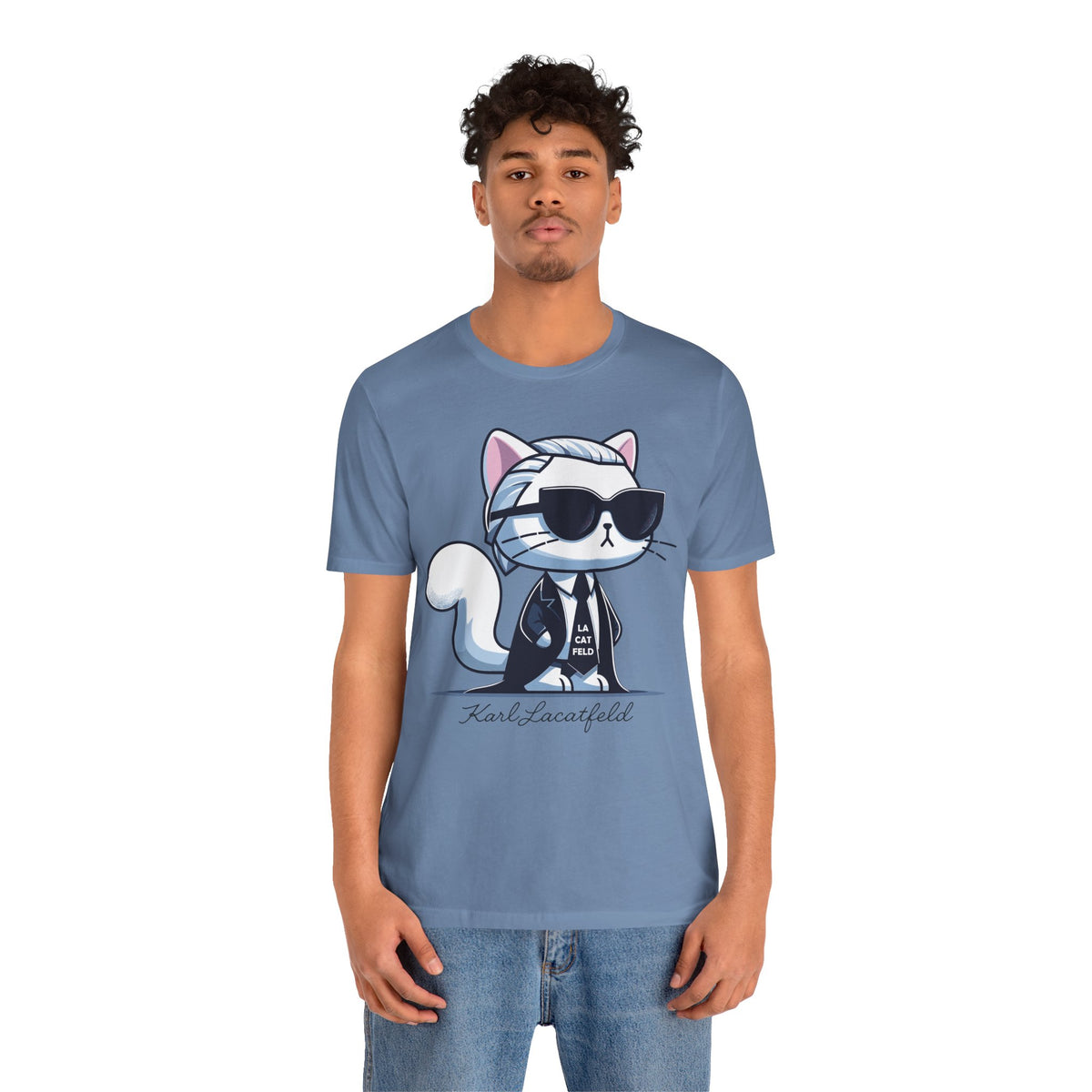 Karl Lacatfeld Executive Meow Icon Cute Cat Graphic T-Shirt in steel blue, worn by a male model