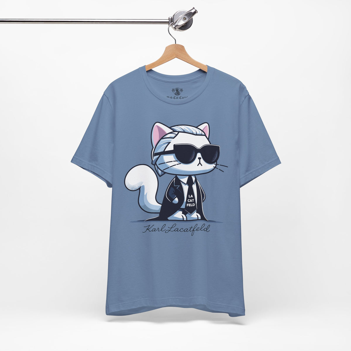 Karl Lacatfeld Executive Meow Icon Cute Cat Graphic T-Shirt in steel blue, on a hanger