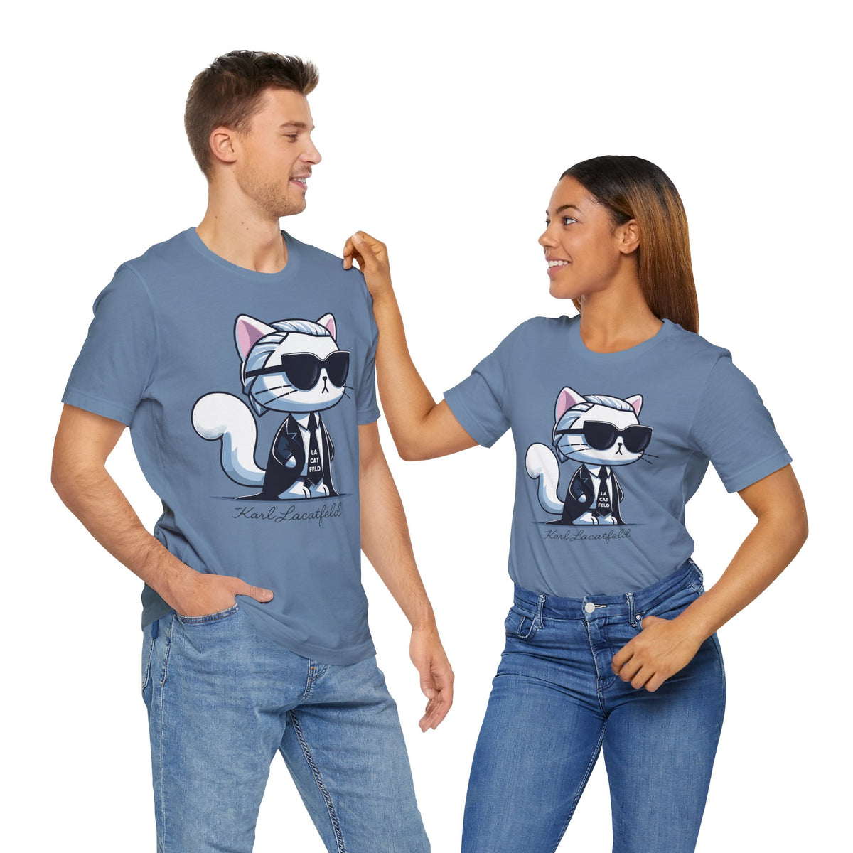 Karl Lacatfeld Executive Meow Icon Cute Cat Graphic T-Shirt in steel blue, worn by two models