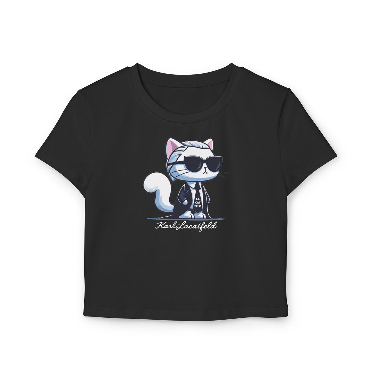 Karl Lacatfeld Executive Meow Icon Women's Baby Tee in black, flat lay