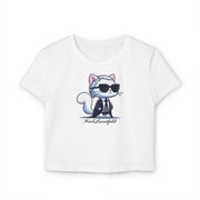 Karl Lacatfeld Executive Meow Icon Women's Baby Tee in white, flat lay