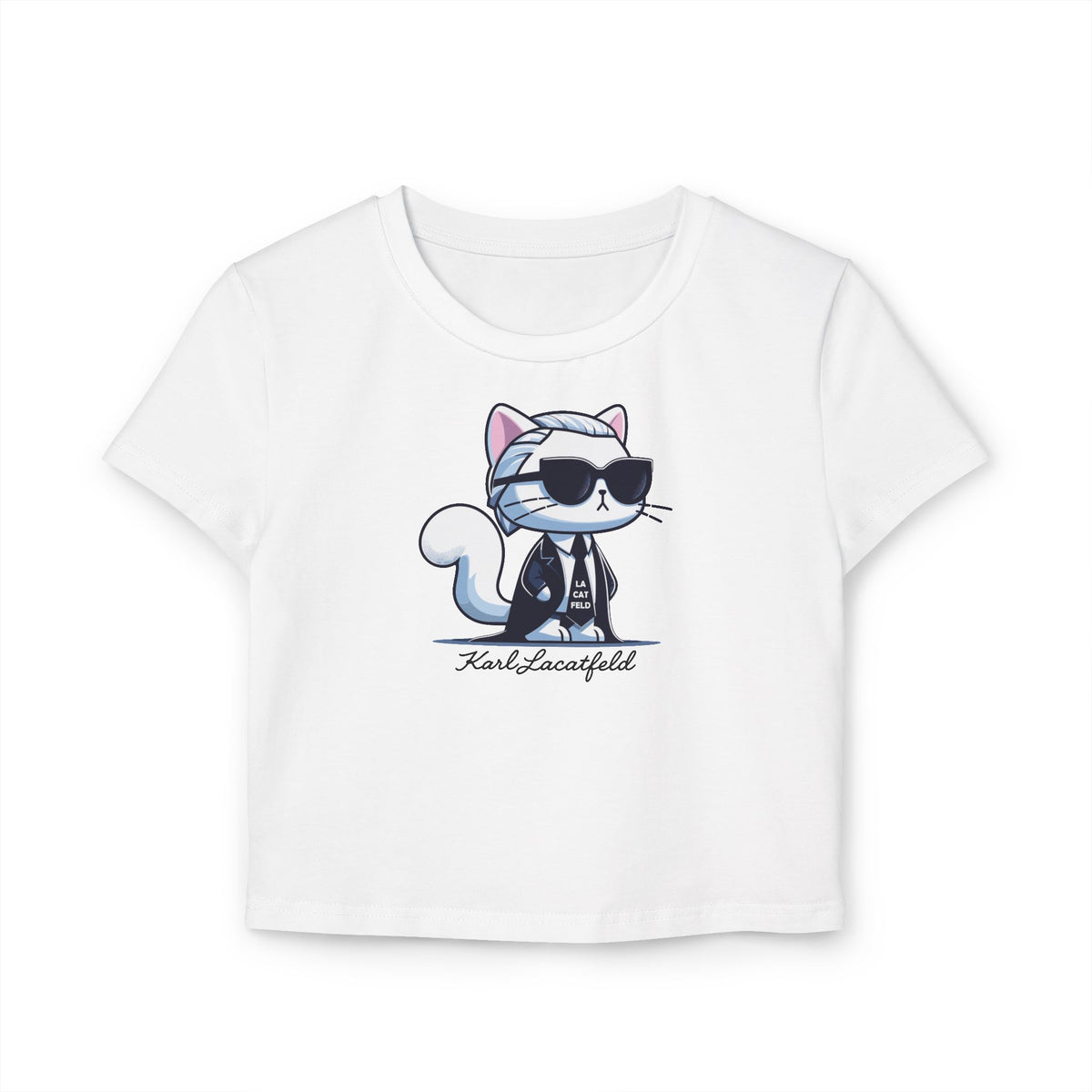 Karl Lacatfeld Executive Meow Icon Women's Baby Tee in white, flat lay