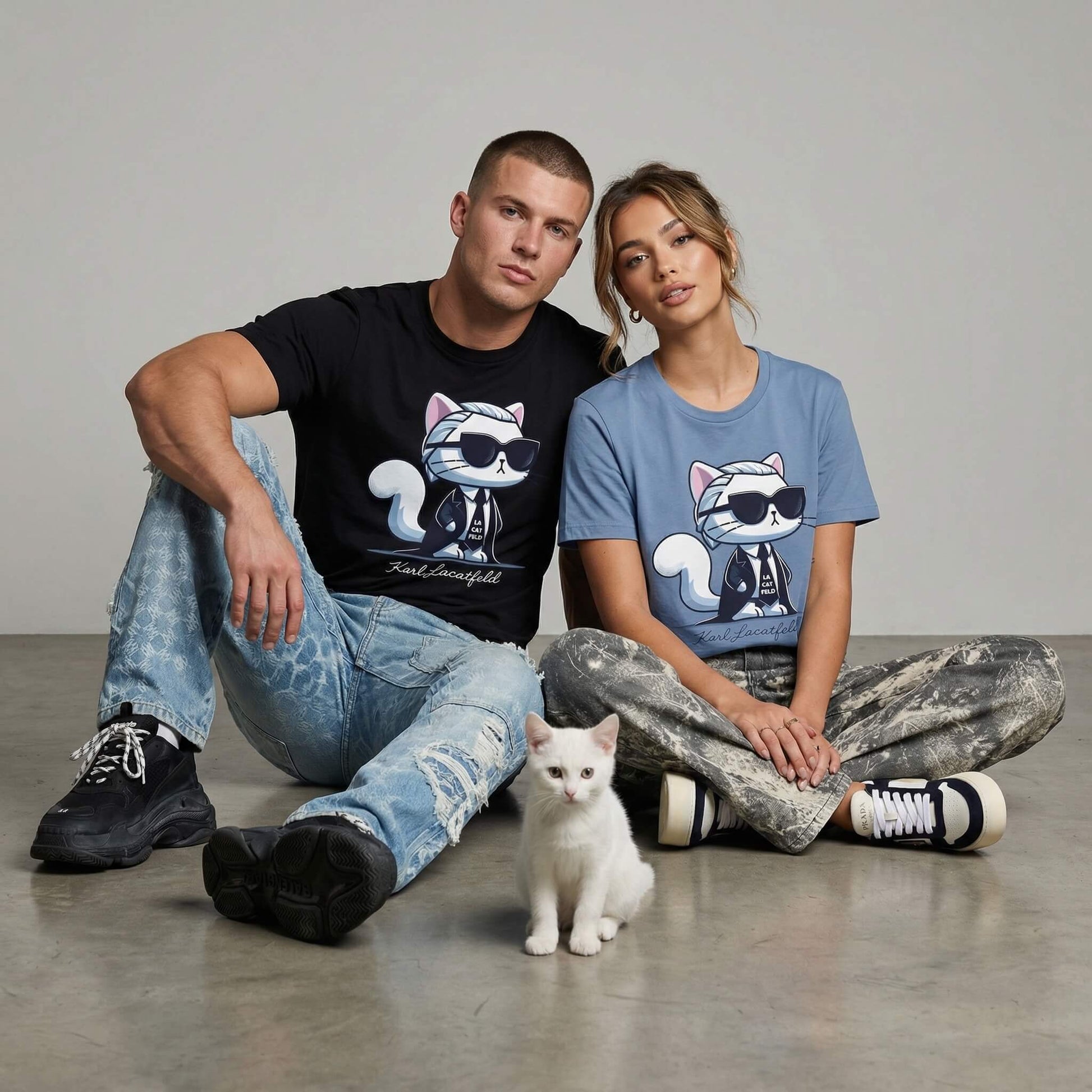 Karl Lacatfeld graphic t shirts by Mad Cat Cartel worn by a man and woman in black and steel blue with white kitten