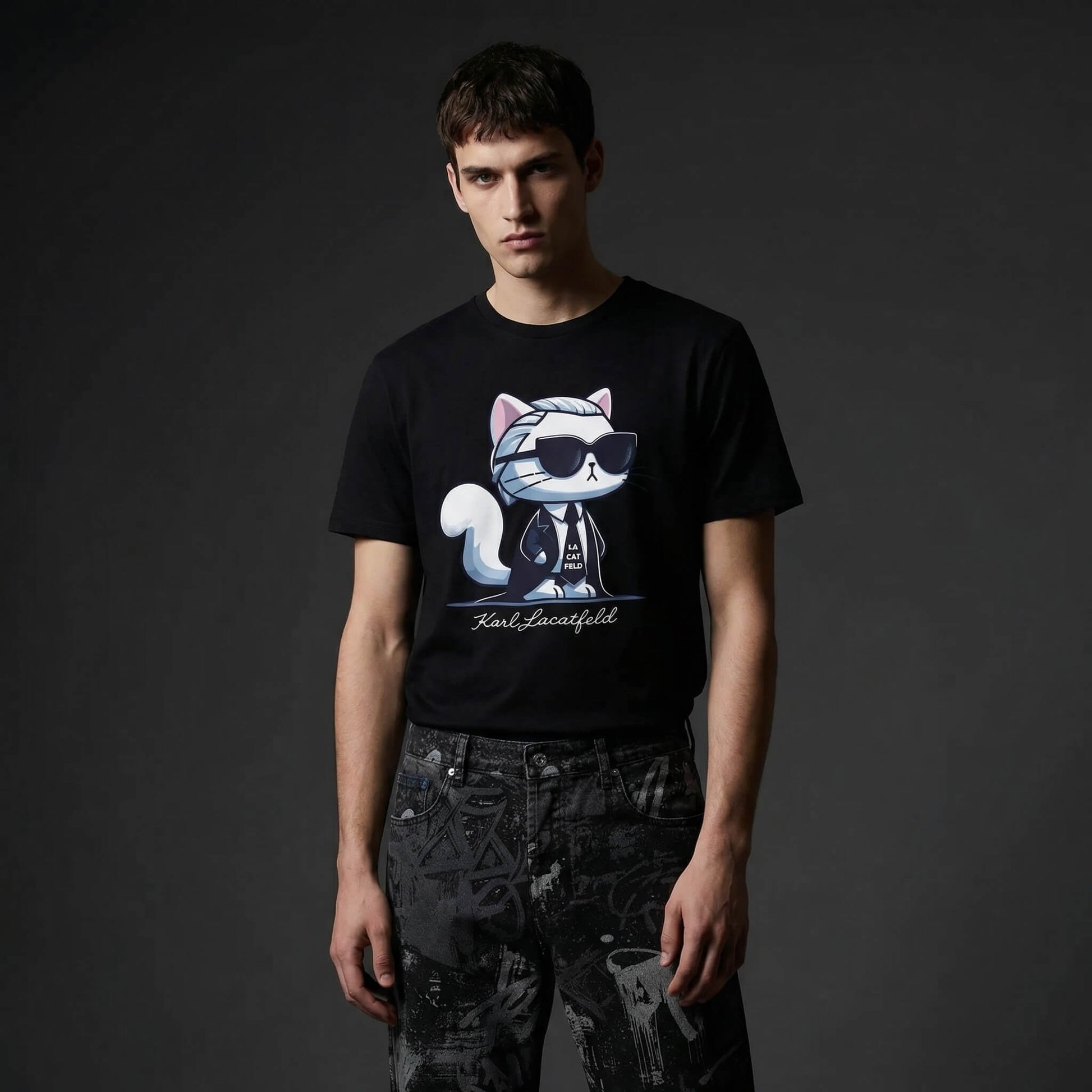 Karl Lacatfeld cat graphic t shirt by Mad Cat Cartel in black worn by a man