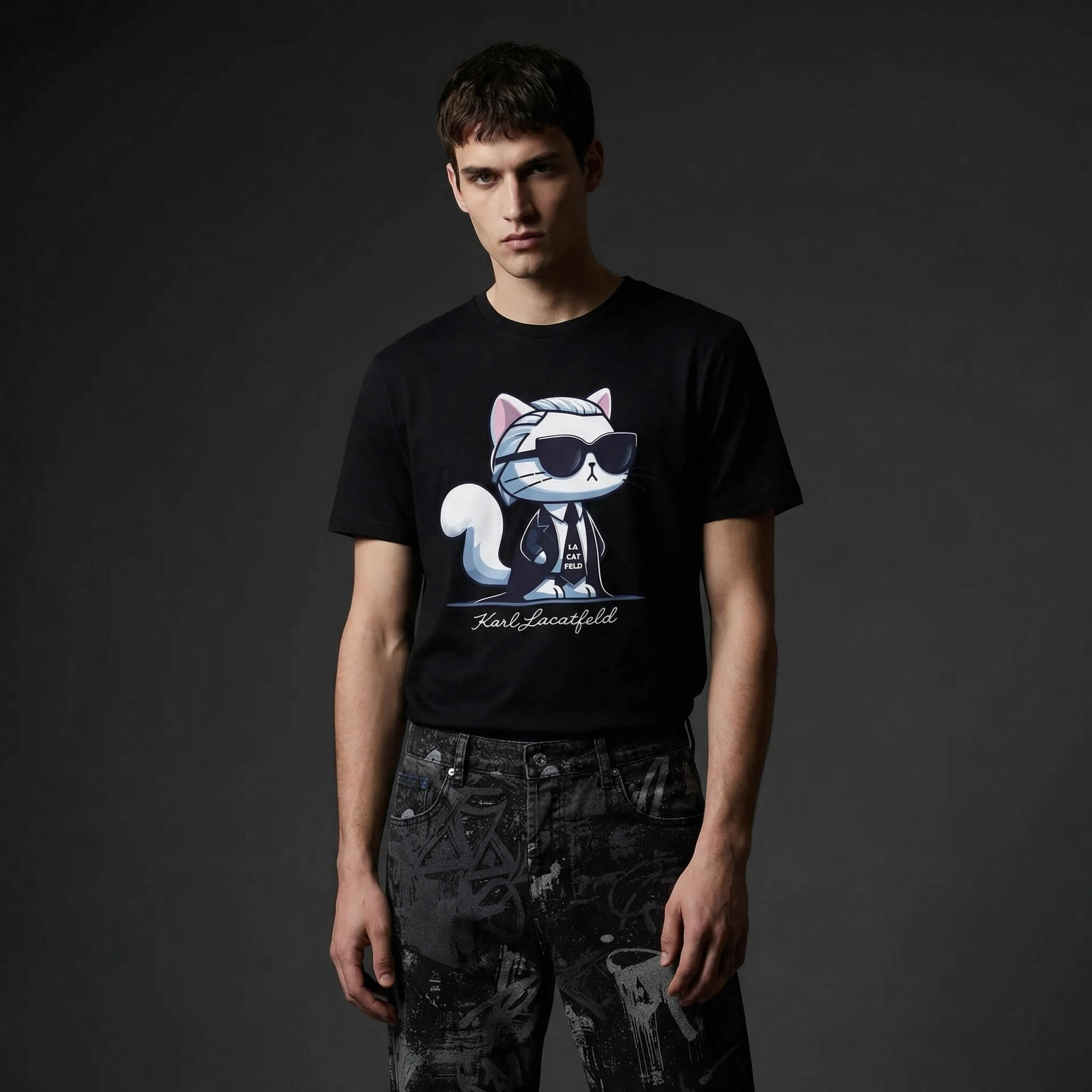 Karl Lacatfeld cat graphic t shirt by Mad Cat Cartel in black worn by a man
