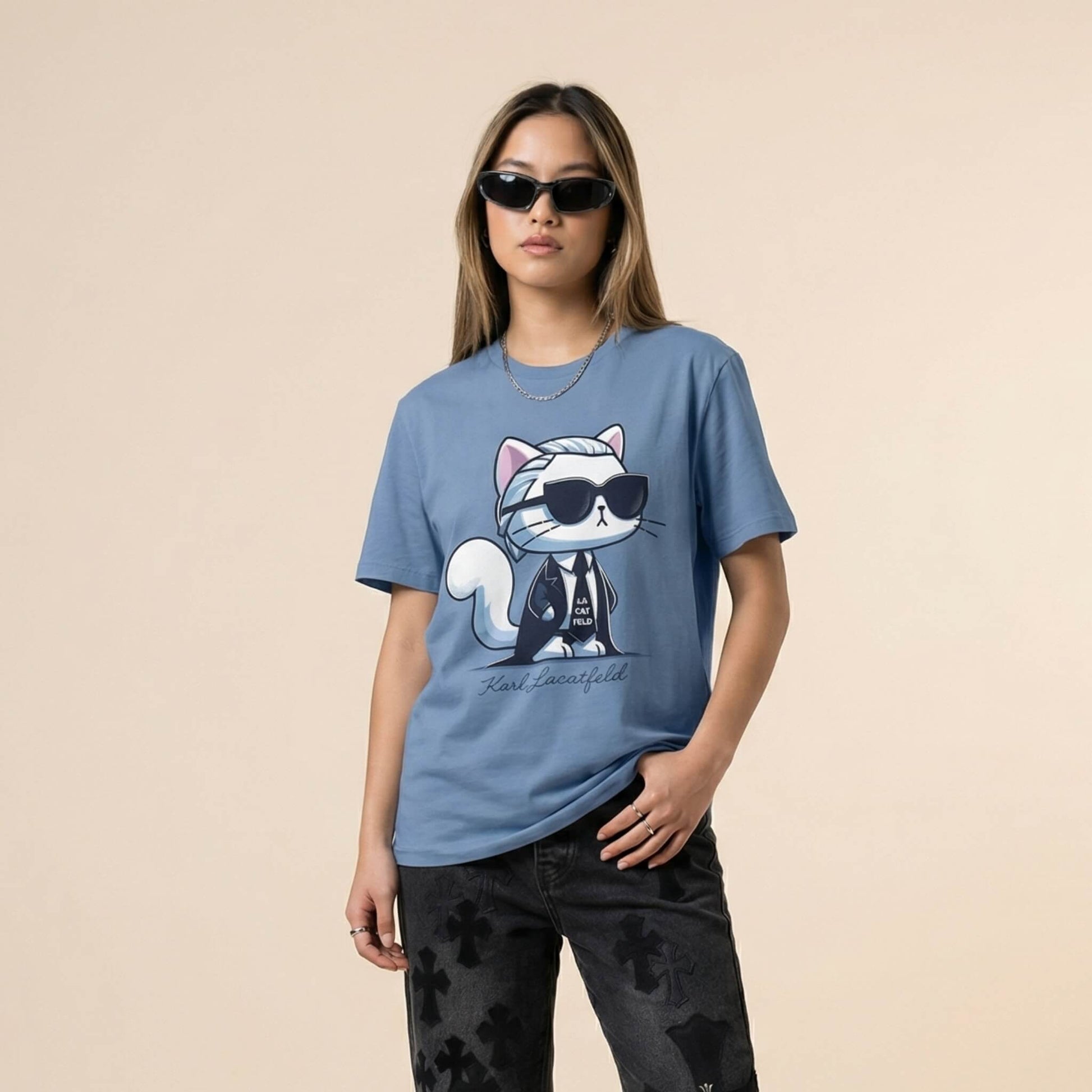 Karl Lacatfeld cat graphic t shirt by Mad Cat Cartel in steel blue worn by a woman