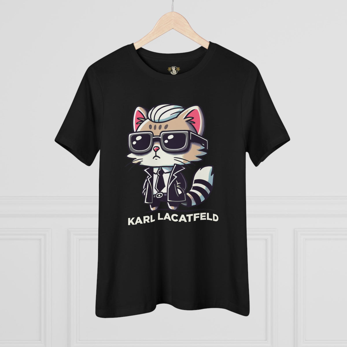 Karl Lacatfeld Iconic Cat Women's Graphic T-Shirt in black, on a hanger