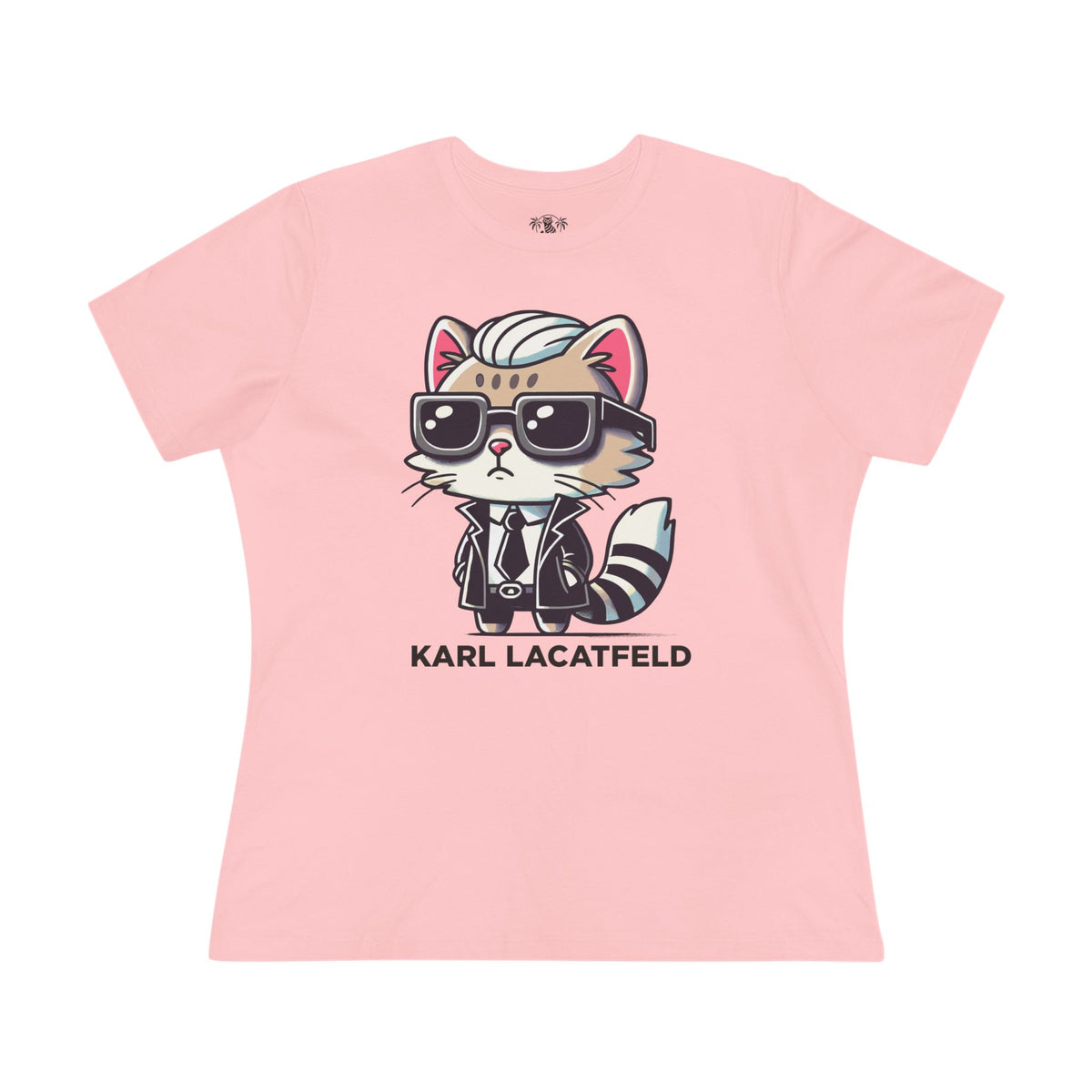 Karl Lacatfeld Iconic Cat Women's Graphic T-Shirt in pink, flat lay