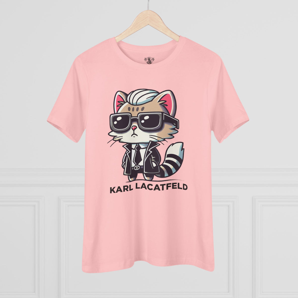 Karl Lacatfeld Iconic Cat Women's Graphic T-Shirt in pink, on a hanger