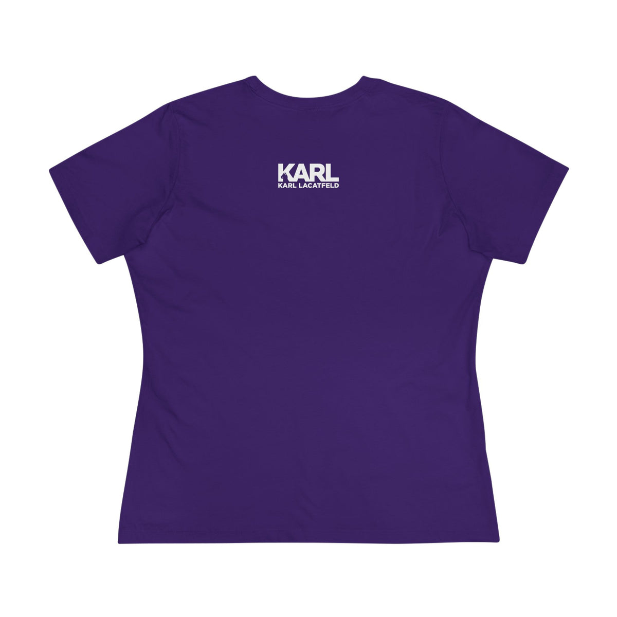 Karl Lacatfeld Iconic Cat Women's Graphic T-Shirt in team purple, back view