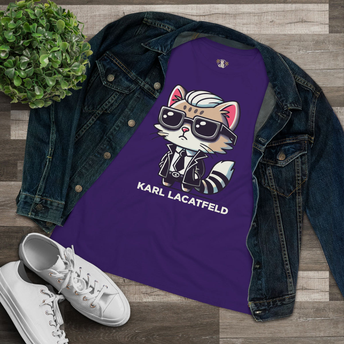 Karl Lacatfeld Iconic Cat Women's Graphic T-Shirt in team purple, flat lay