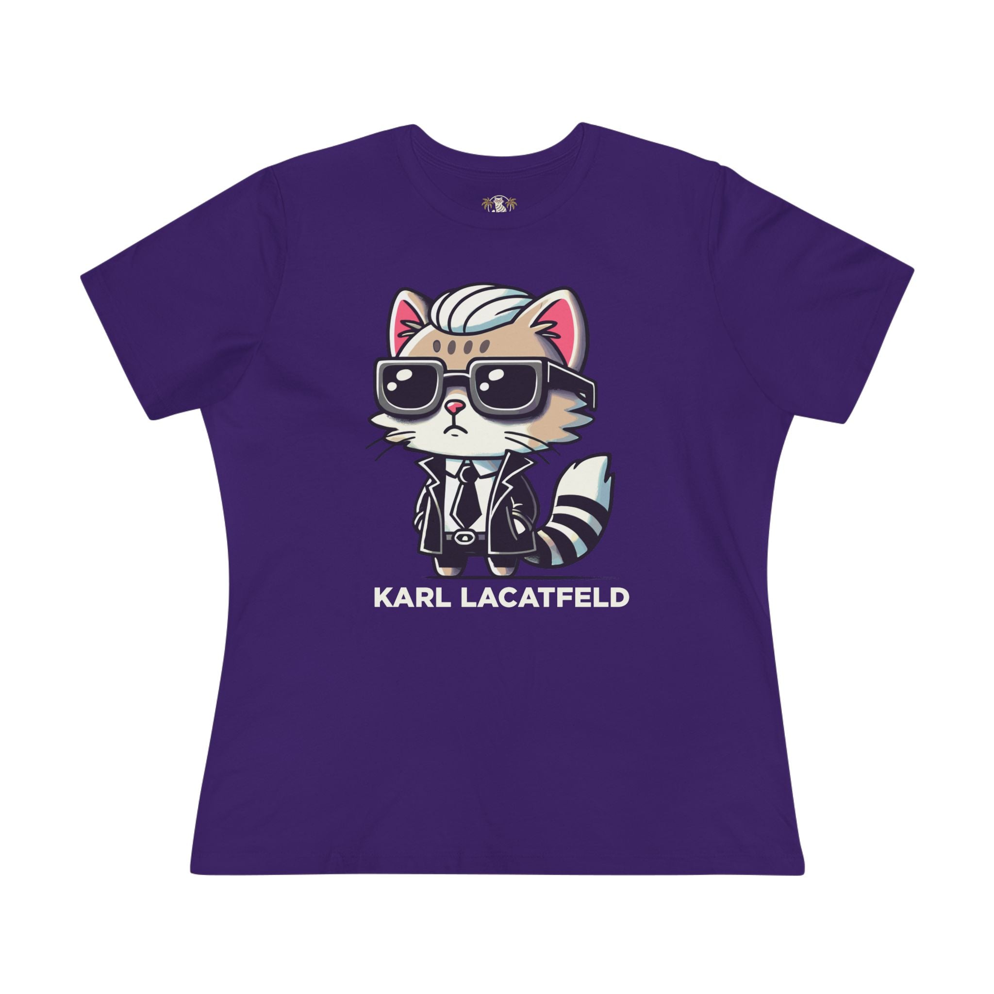 Karl Lacatfeld Iconic Cat Women's Graphic T-Shirt in team purple, front view