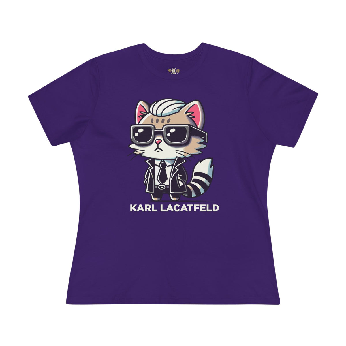 Karl Lacatfeld Iconic Cat Women's Graphic T-Shirt in team purple, front view