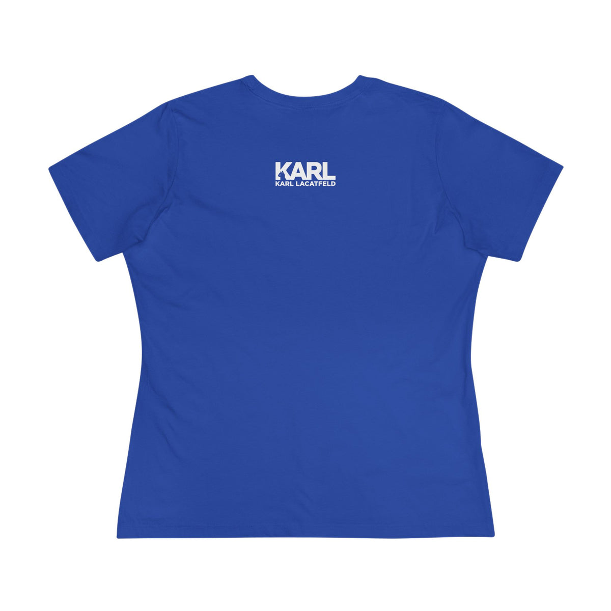 Karl Lacatfeld Iconic Cat Women's Graphic T-Shirt in true royal, back view
