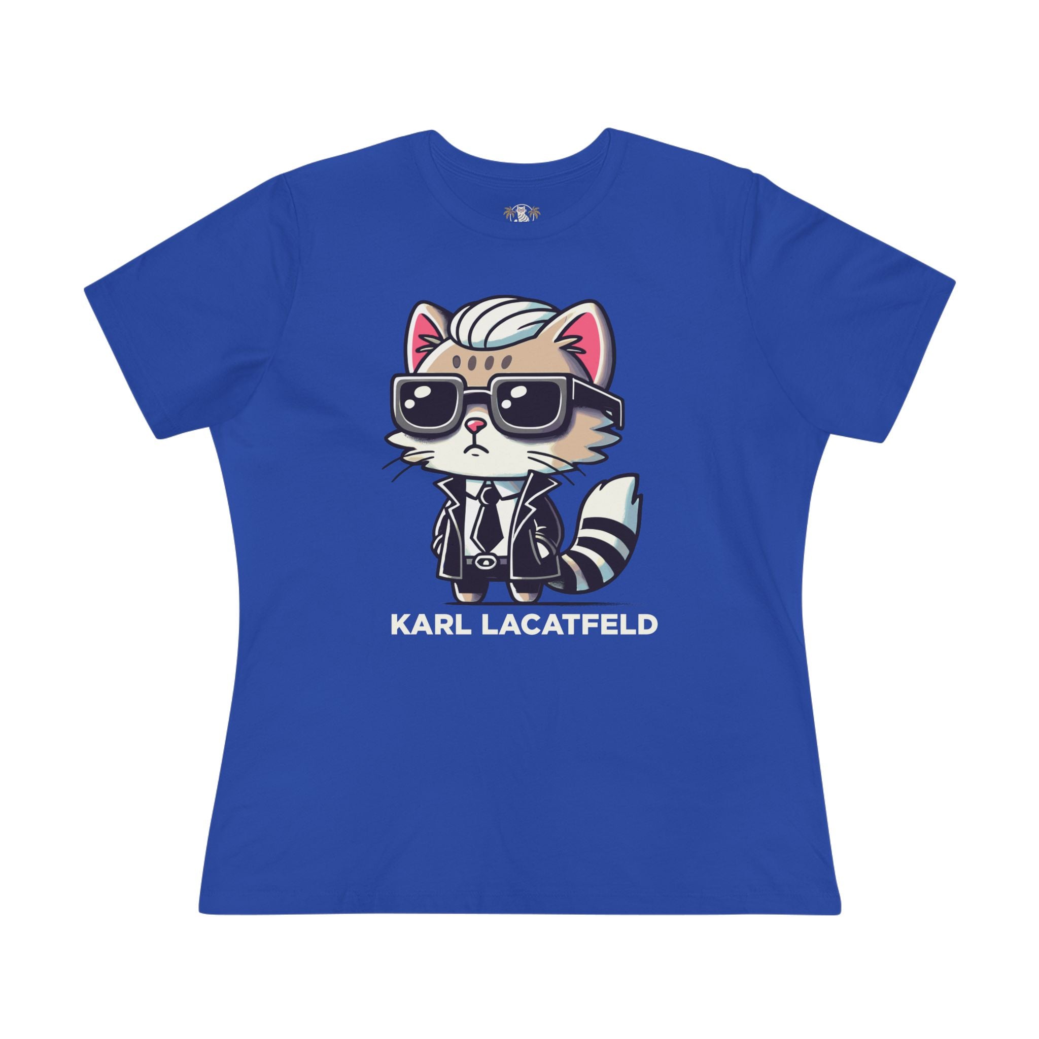 Karl Lacatfeld Iconic Cat Women's Graphic T-Shirt in true royal, front view
