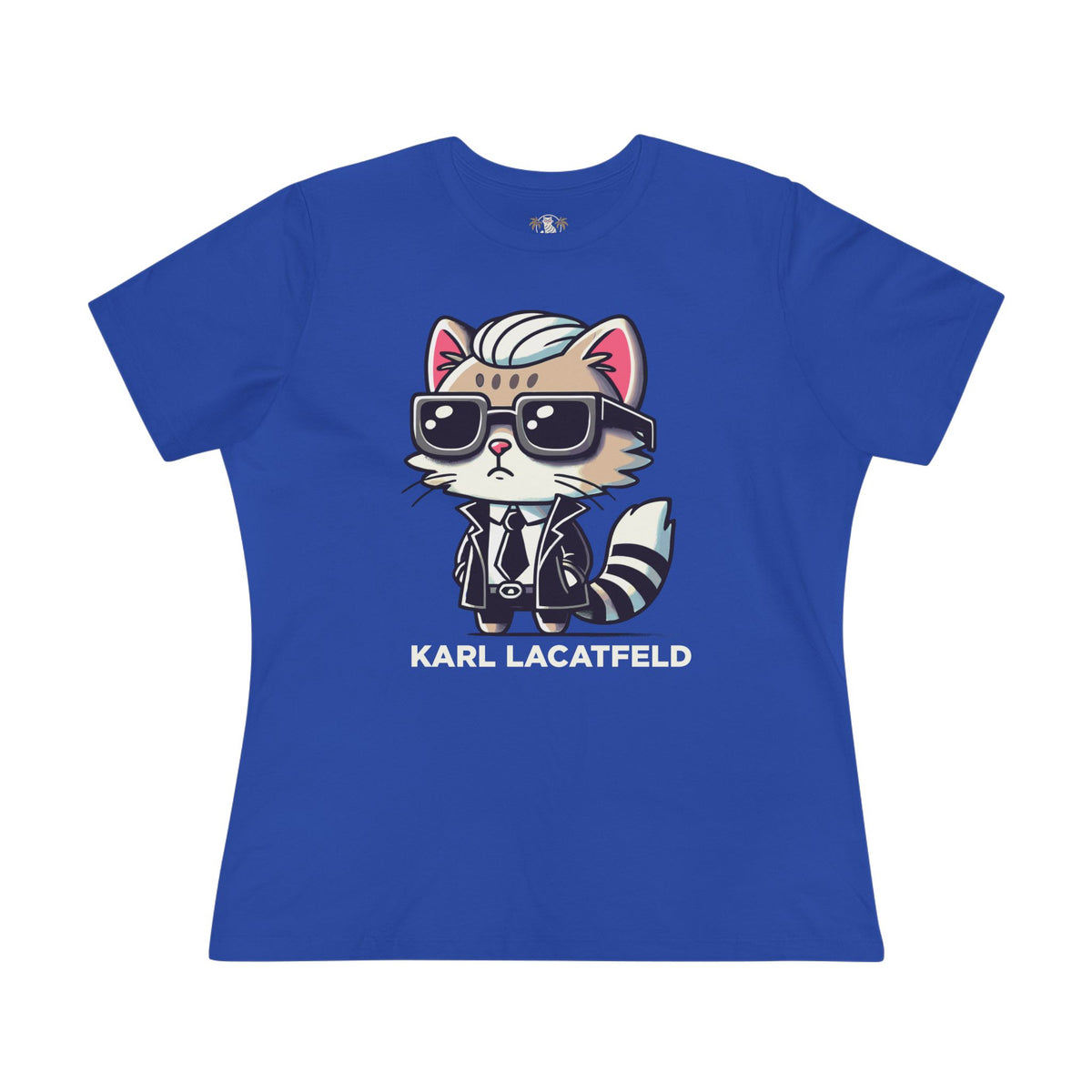 Karl Lacatfeld Iconic Cat Women's Graphic T-Shirt in true royal, front view