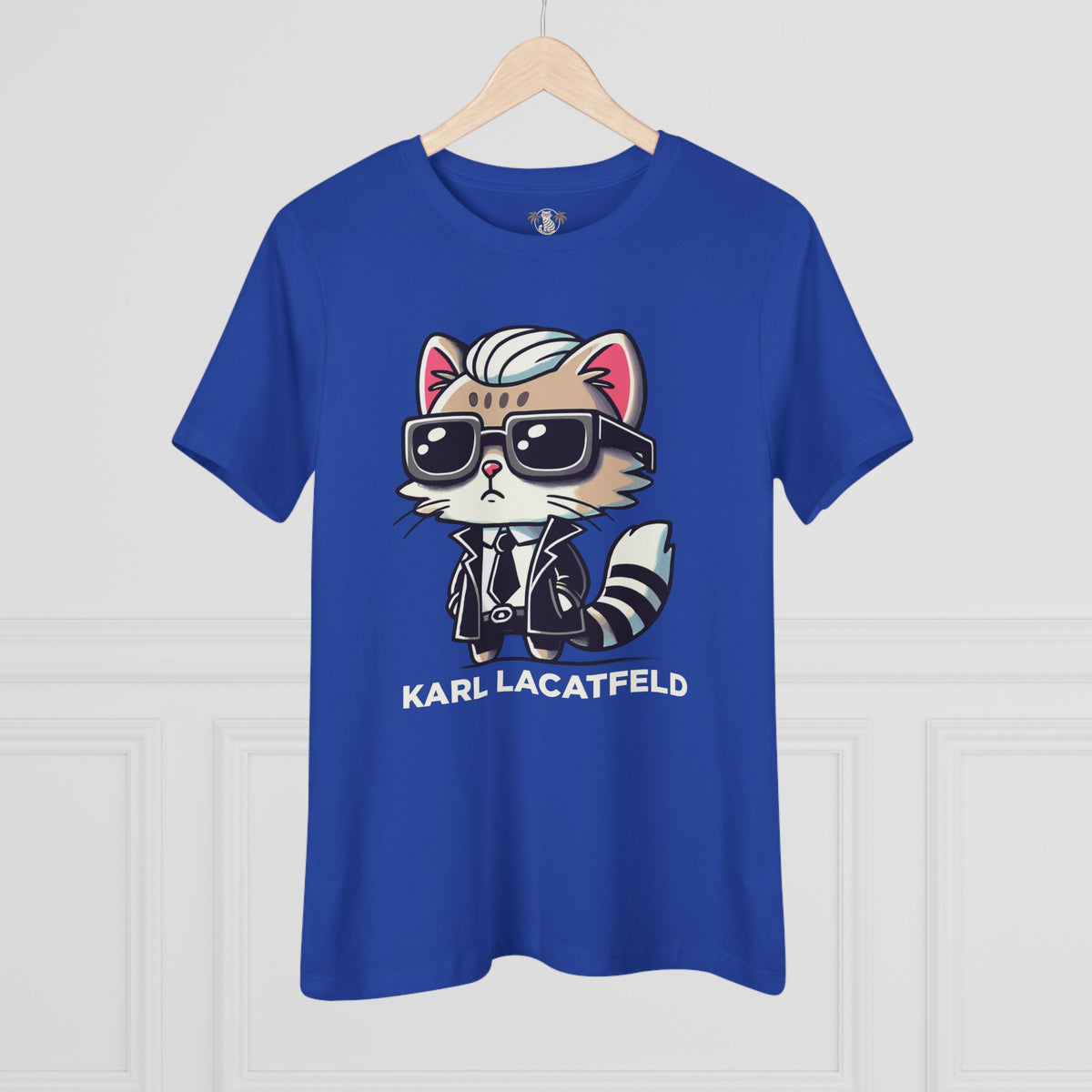 Karl Lacatfeld Iconic Cat Women's Graphic T-Shirt in true royal, on a hanger