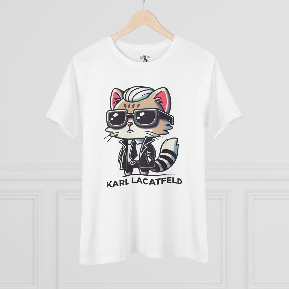 Karl Lacatfeld Iconic Cat Women's Graphic T-Shirt in white, on a hanger