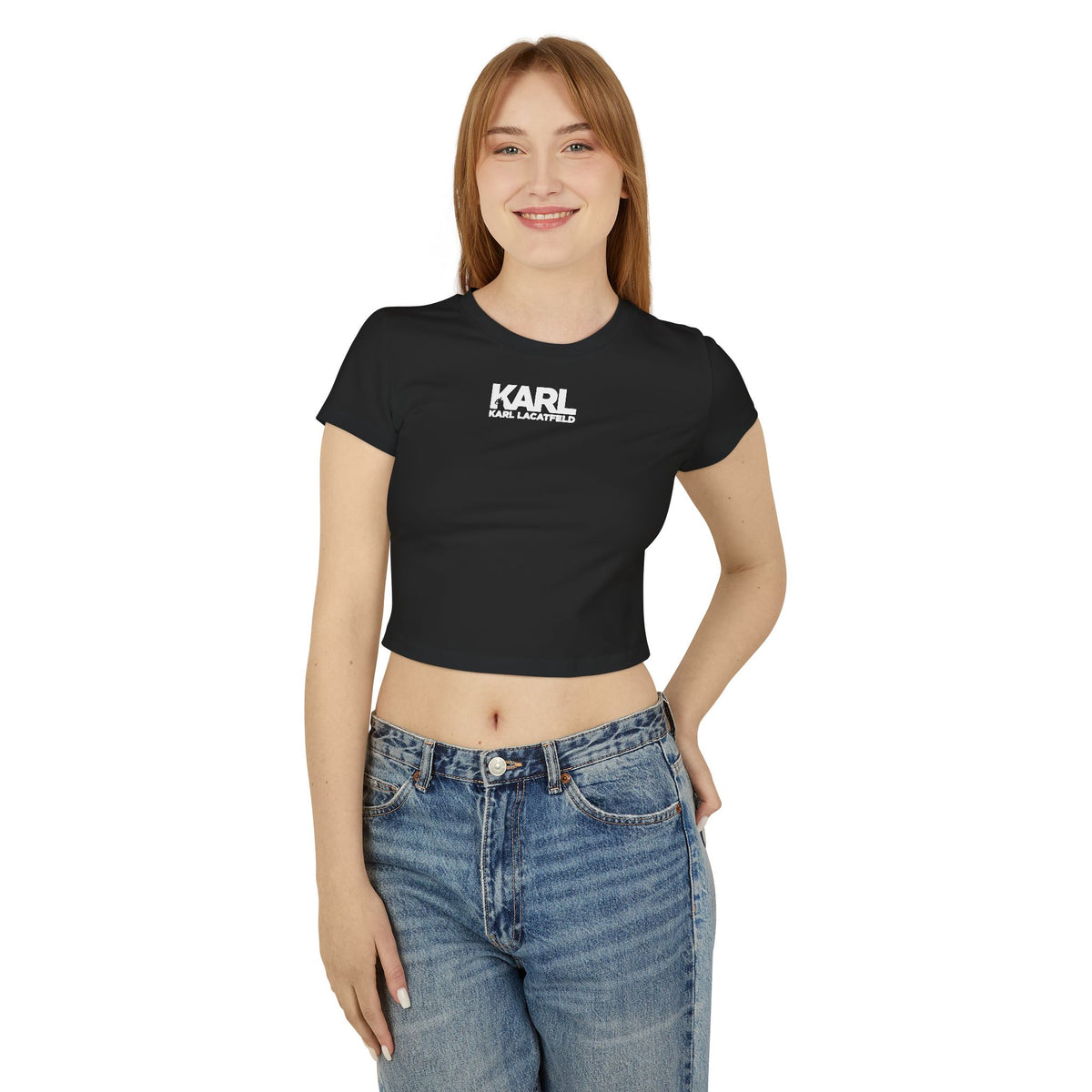 Karl Lacatfeld Noir Couture Graffiti Black Women's Baby Tee, worn by a model