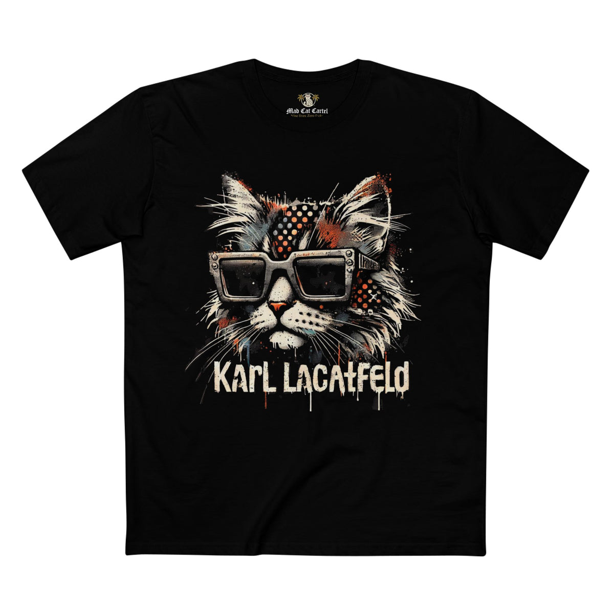 Karl LaCatfeld Noir Couture Graffiti Cat Graphic Black T-Shirt, front view