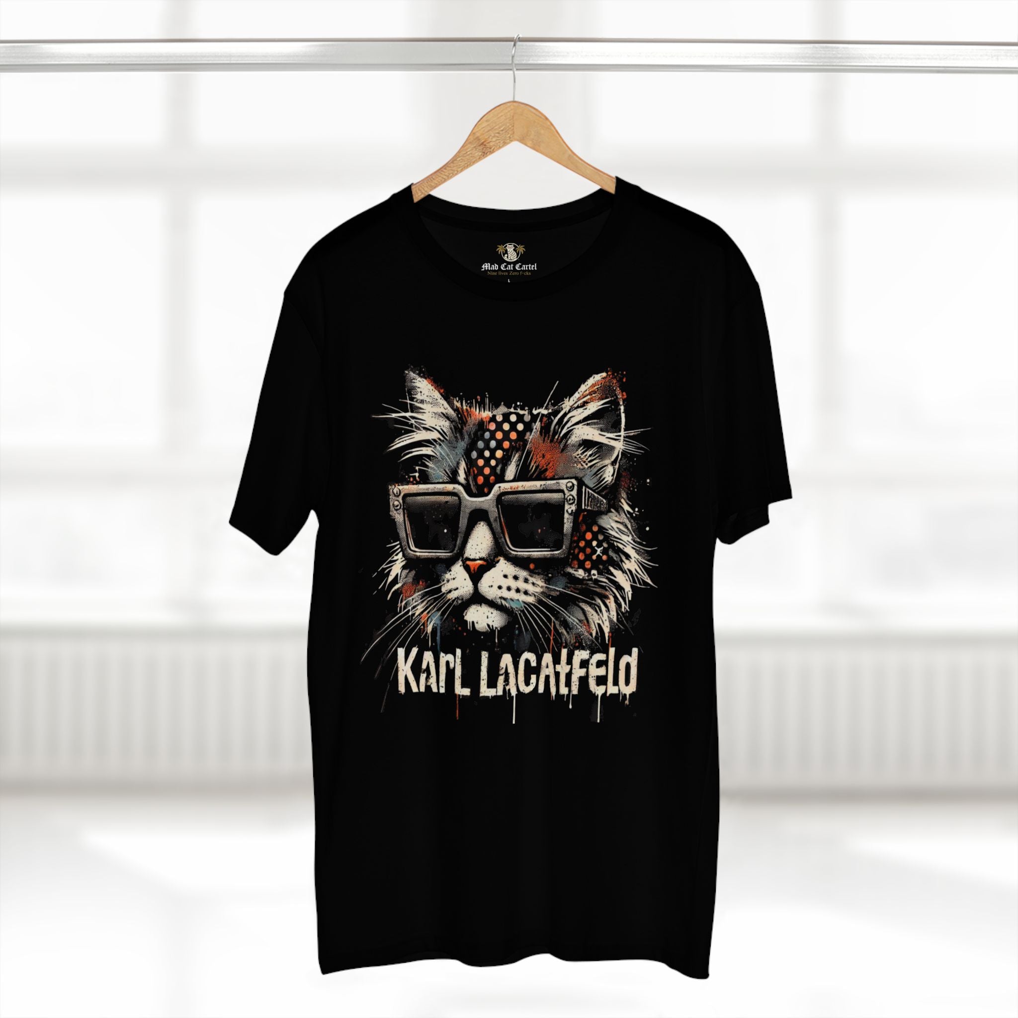 Karl LaCatfeld Noir Couture Graffiti Cat Graphic Black T-Shirt, on a hanger