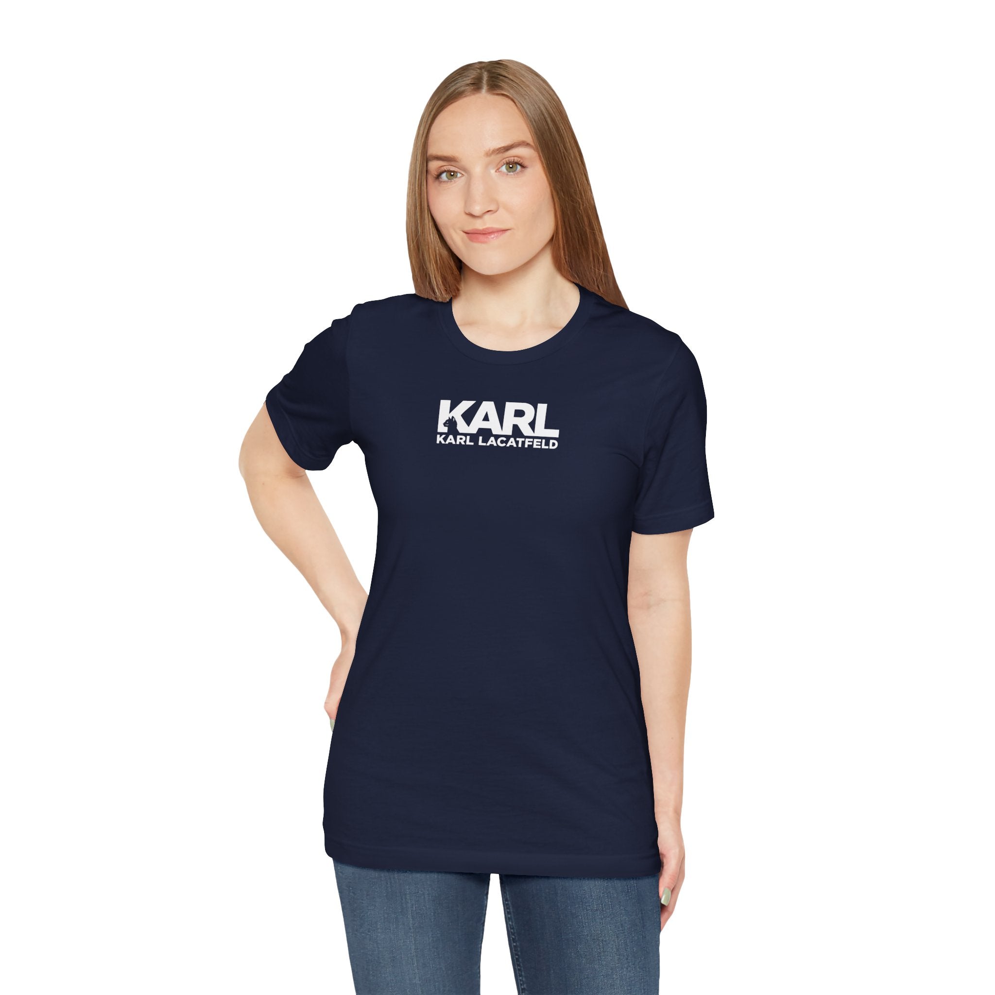 Karl Lacatfeld Spray Authority Cat Graphic T-Shirt in navy, worn by a female model