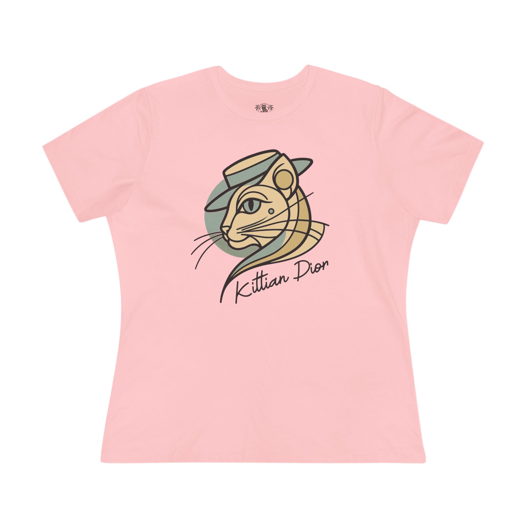 Kittian Dior Art Deco Hat Cat Graphic Women's T-Shirt in pink, flat lay