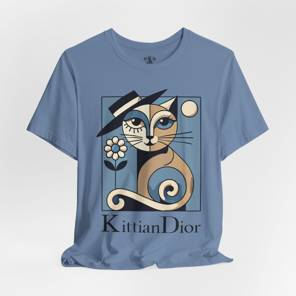 Kittian Dior La Parisienne Art Deco Cat Graphic T-Shirt in steel blue, flat lay