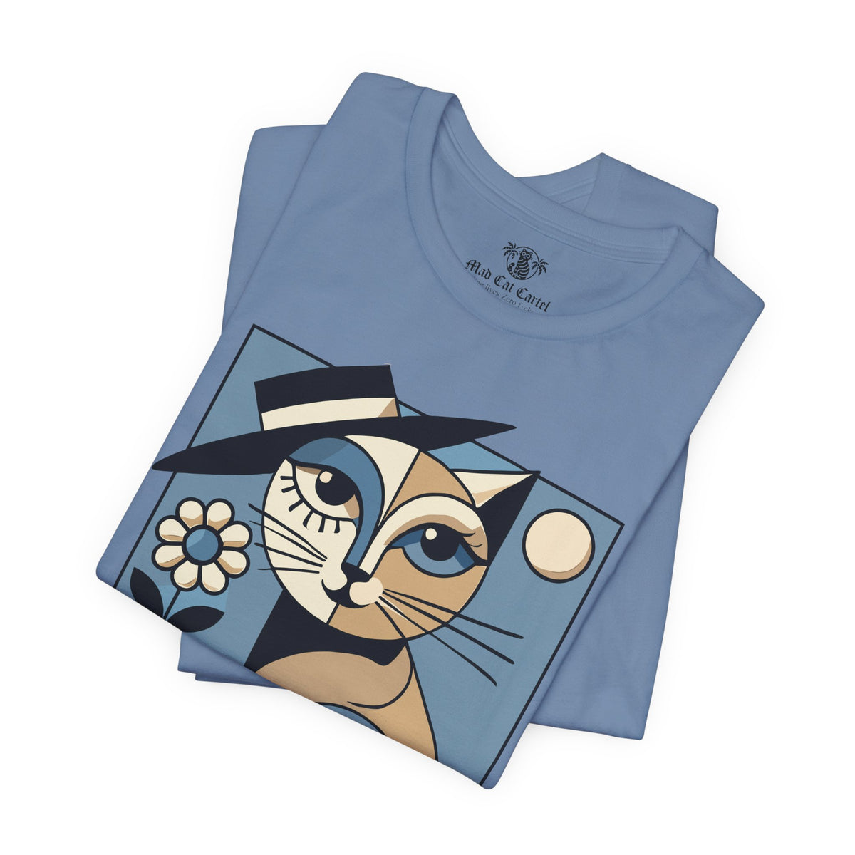 Kittian Dior La Parisienne Art Deco Cat Graphic T-Shirt in steel blue, folded