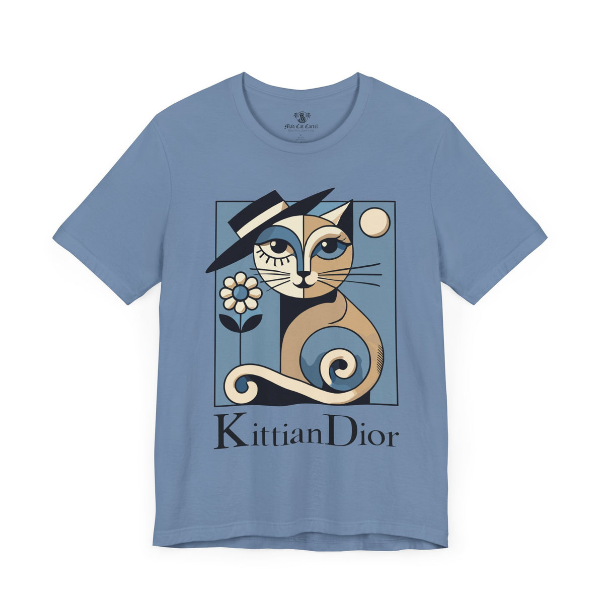 Kittian Dior La Parisienne Art Deco Cat Graphic T-Shirt in steel blue, front view