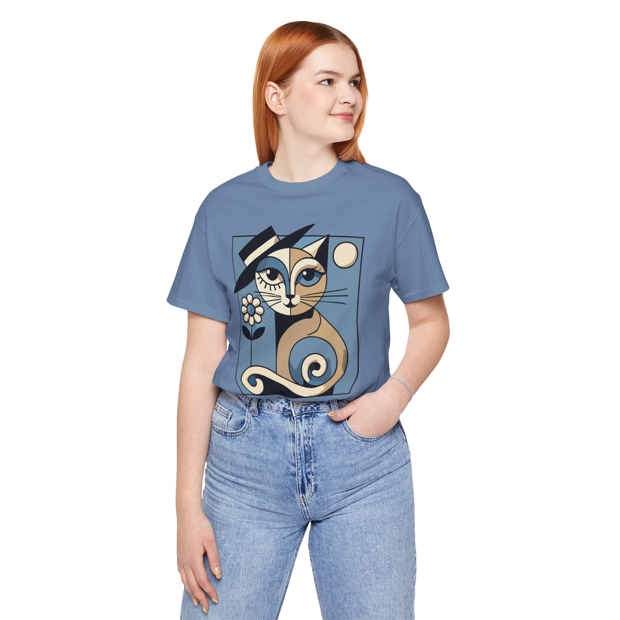 Kittian Dior La Parisienne Art Deco Cat Graphic T-Shirt in steel blue, worn by a model