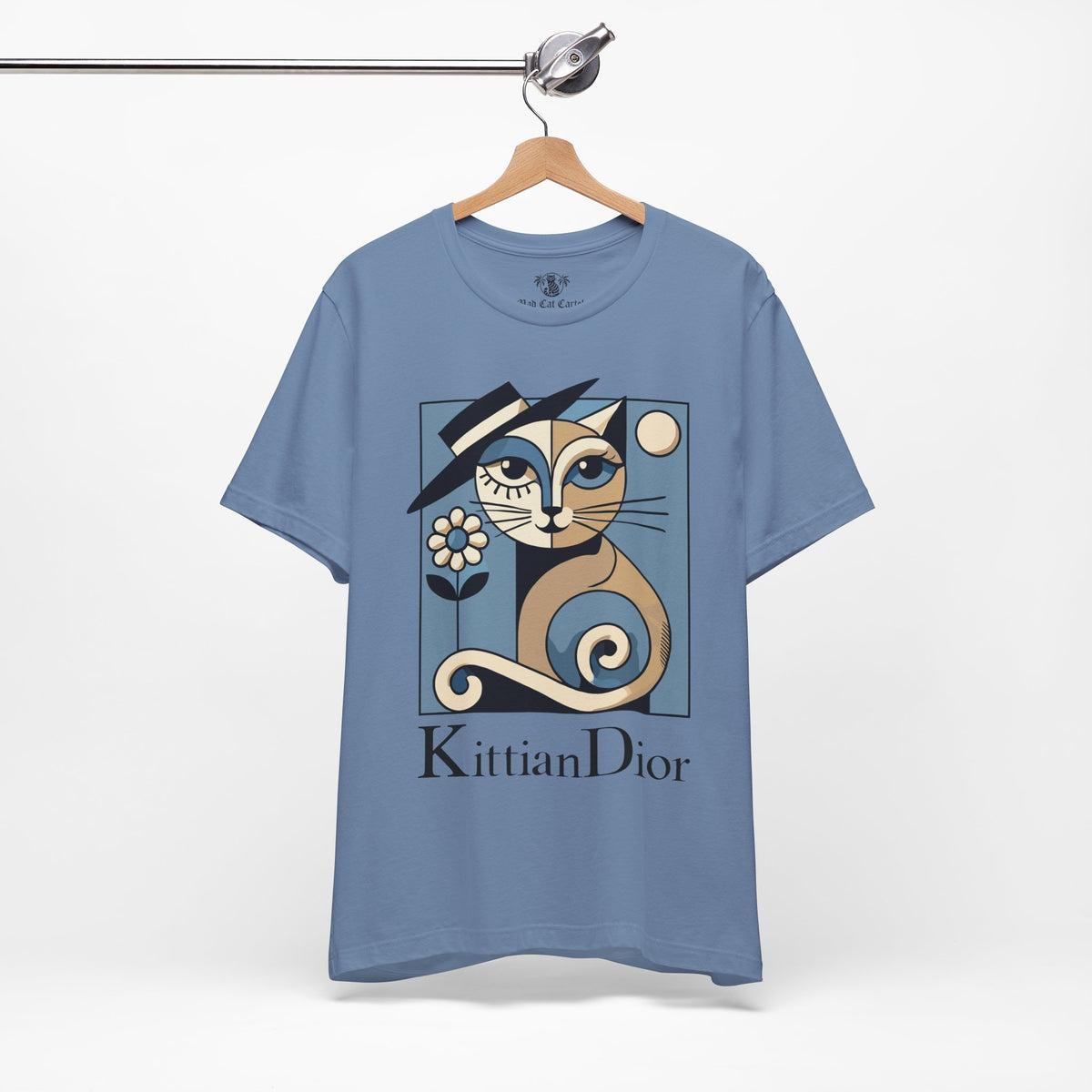 Kittian Dior La Parisienne Art Deco Cat Graphic T-Shirt in steel blue, on a hanger